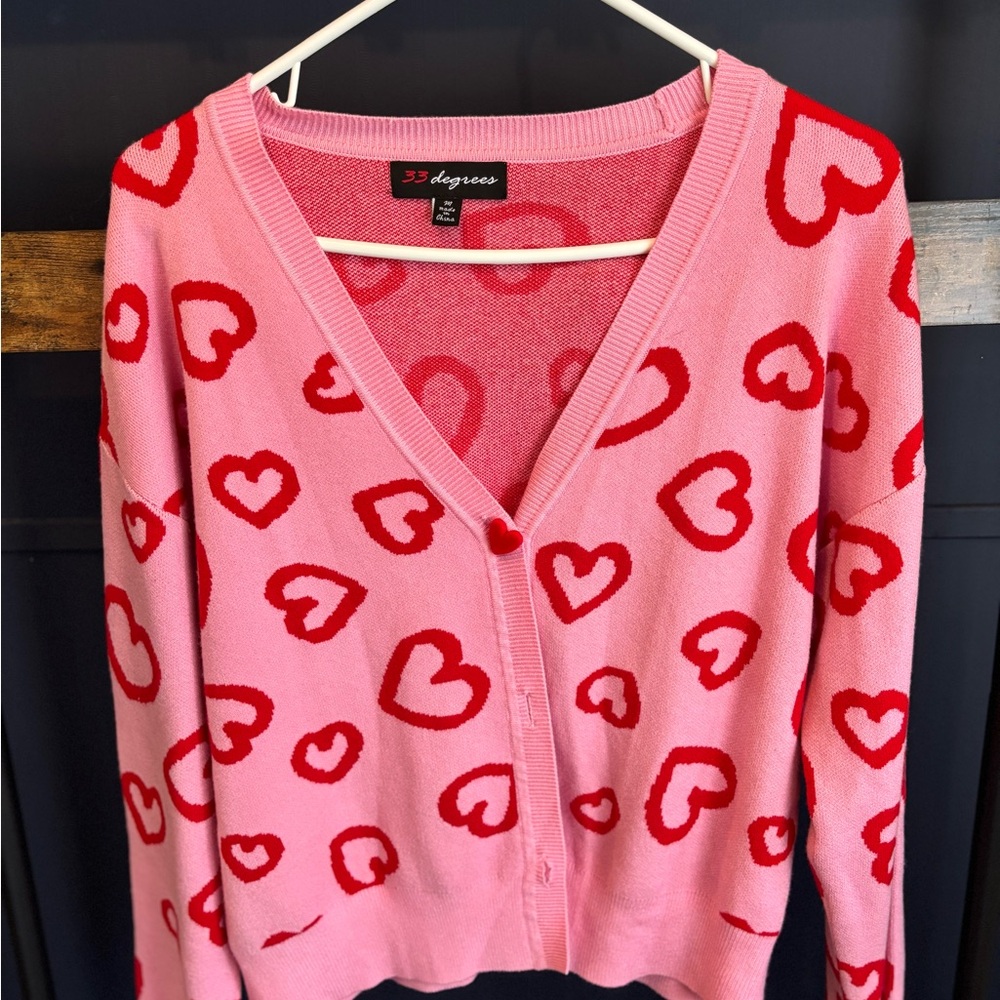33 Degrees Pink and Red Heart Cardigan